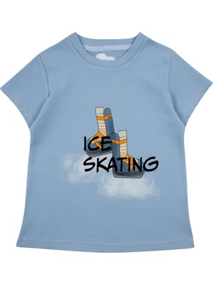Bubuga Erkek Çocuk %100 Pamuk Gök Mavi Ice Skating Baskılı Kısa Kol Tshirt