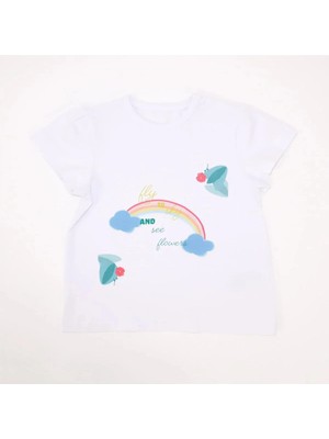 Bubuga Kız Çocuk %100 Pamuk Beyaz Renk And Gökkuşağı Baskılı Kısa Kol Tshirt