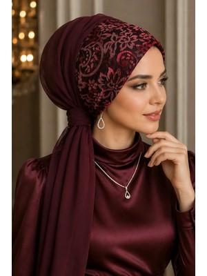 Aişe Tesettür Bordo Kırmızı Abiye Tokalı Bone / Hazır Duvak