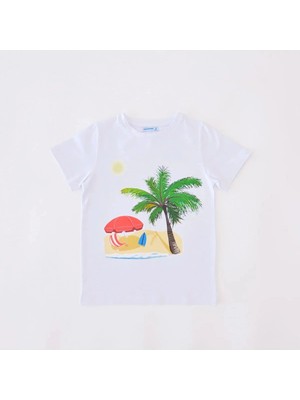 Bubuga Erkek Çocuk %100 Pamuk Beyaz Renk Palmiye Baskılı Kısa Kol Tshirt