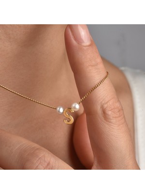Nox Jewelry 14 Ayar Altın Kaplama Inci Detaylı Kişiye Özel Harf Gümüş Kolye  - Minimal Zarif KOLYE-CNP00157
