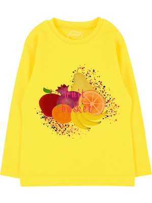 Bubuga Kız Çocuk %100 Pamuk Sarı Renk Fruit Baskılı Uzun Kol Tshirt