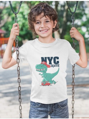 Bubuga Erkek Çocuk Nyc Skater Dinozor Baskılı Kısa Kollu Tişört – %100 Pamuk Süprem Kumaş