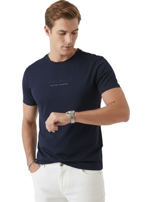 Deepsea Erkek Lacivert Rahat Kalıp Bisiklet Yaka Yumuşak Dokulu Basic Tişört 2604355