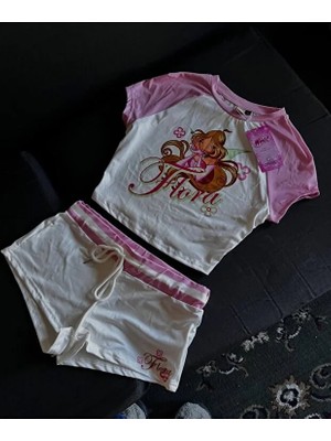 Violon Kadın Winx Club Flora Karakter Baskılı Pamuklu Şort Tişört Takım - Pembe