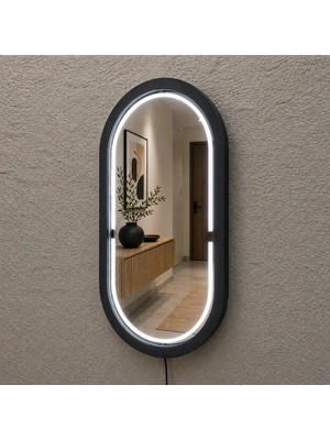 Aypars Atölye 18X32 cm Kayın Ahşap Çerçeveli Led’li Oval Ayna – 6500K Dimmer Işıklı Dekoratif Banyo Aynası (Siyah)