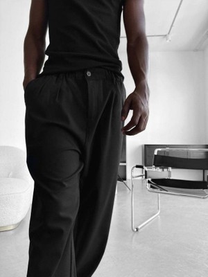 Elku Moda Erkek Rahat Kesim Pileli Kumaş Pantolon Relaxed Fit Yüksek Bel Dökümlü Pantolon