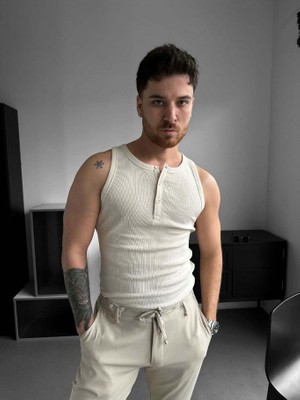 Elku Moda Erkek Sıfır Kol T-Shirt - Slim Fit Fitilli Ribana Dokuma Kolsuz Atlet Sıfır Yaka Spor Atlet Tişört