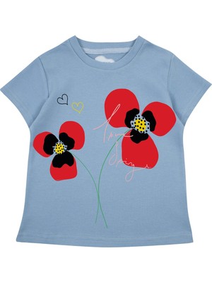 Bubuga Kız Çocuk %100 Pamuk Gök Mavi Gelincik Baskılı Kısa Kol Tshirt