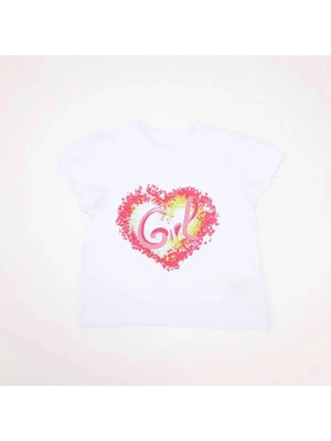 Bubuga Kız Çocuk %100 Pamuk Beyaz Renk Girl Baskılı Kısa Kol Tshirt