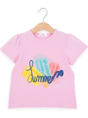 Bubuga Kız Çocuk %100 Pamuk Pembe Renk Summer Dondurma Baskılı Kısa Kol Tshirt