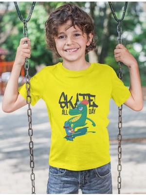 Bubuga Erkek Çocuk Skate All Day Dinozor Baskılı Kısa Kollu Tişört – %100 Pamuk Süprem Kumaş
