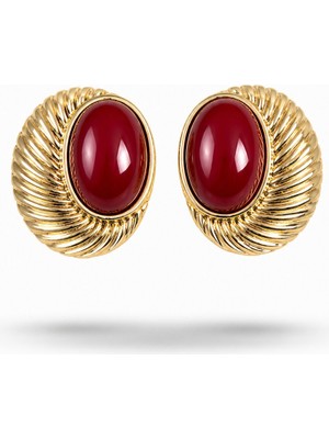 Serelya Pirinç Gold Renk Bordo Boncuklu Oval Vintage Kadın Küpe