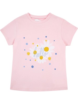 Bubuga Kız Çocuk %100 Pamuk Pembe Hello Papatya Baskılı Kısa Kol Tshirt