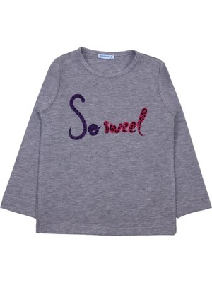 Bubuga Kız Çocuk %100 Pamuk Gri Renk So Sweet Baskılı Uzun Kol Tshirt