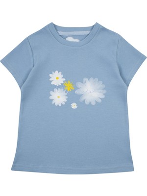 Bubuga Kız Çocuk %100 Pamuk Gök Mavi Papatya Baskılı Kısa Kol Tshirt