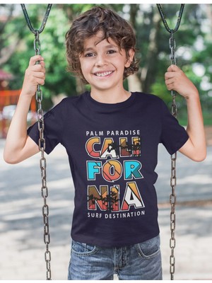 Bubuga Erkek Çocuk California Palm Paradise Surf Baskılı Kısa Kollu Tişört – %100 Pamuk Süprem Kumaş