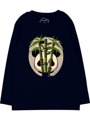 Bubuga Erkek Çocuk %100 Pamuk Lacivert Renk Panda Baskılı Uzun Kol Tshirt