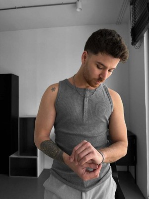 Elku Moda Erkek Sıfır Kol T-Shirt - Slim Fit Fitilli Ribana Dokuma Kolsuz Atlet Sıfır Yaka Spor Atlet Tişört