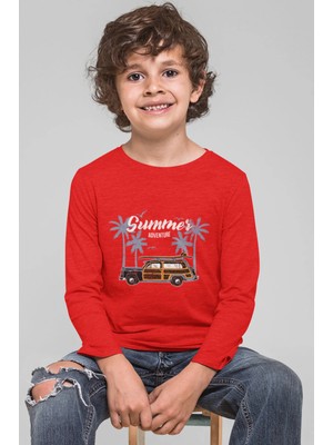 Bubuga Erkek Çocuk Kırmızı Yazlık Tshirt - Araba ve Palmiye Desenli, Uzun Kollu