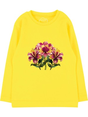 Bubuga Kız Çocuk %100 Pamuk Sarı Renk Çiçek Baskılı Uzun Kol Tshirt
