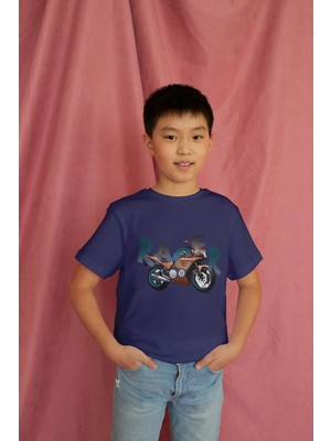 Bubuga Erkek Çocuk %100 Pamuk Premium Racer Motorsiklet Baskılı Kısa Kol Tshirt