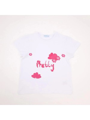 Bubuga Kız Çocuk %100 Pamuk Beyaz Renk Pretty Baskılı Kısa Kol Tshirt