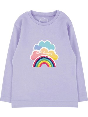 Bubuga Kız Çocuk %100 Pamuk Lila Renk Gökkuşağı Baskılı Uzun Kol Tshirt