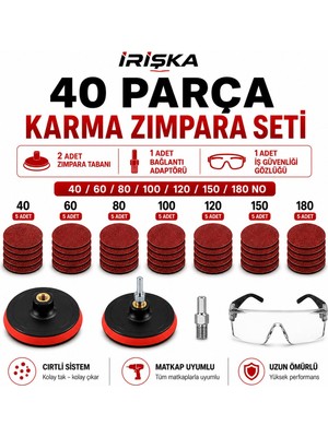 irişka Cırt Zımpara Seti + Matkap Aparatı + Gözlük 115 Mm(40 Parça)