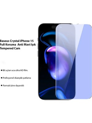 Nevamel Baseus Crystal iPhone 15 Full Koruma Anti Mavi Işık Tempered Cam Ekran Koruyucu 2 Adet SET-(5775)