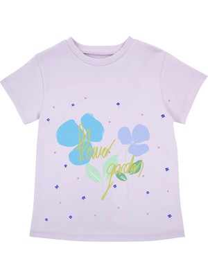 Bubuga Kız Çocuk %100 Pamuk Lila Zambak Baskılı Kısa Kol Tshirt