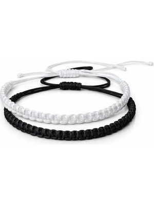 Siyah Beyaz Makrome Örgü Taraftar Unisex Ikili Bileklik 16CM-28CM