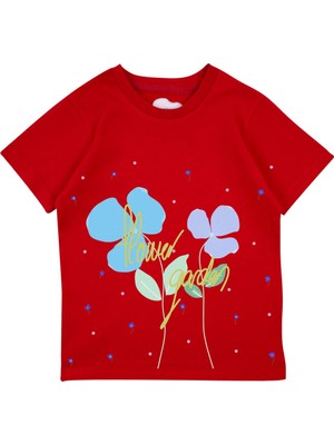 Bubuga Kız Çocuk %100 Pamuk Kırmızı Zambak Baskılı Kısa Kol Tshirt