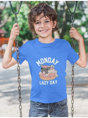 Bubuga Erkek Çocuk Monday Lazy Day Pug Köpek Baskılı Kısa Kollu Tişört – %100 Pamuk Süprem Kumaş