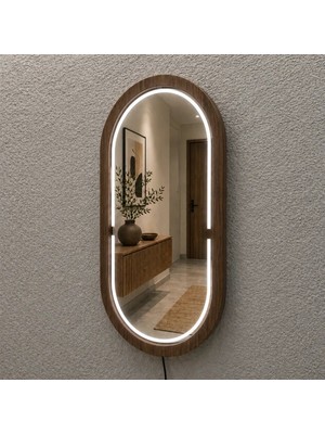 Aypars Atölye 18X32 cm Kayın Ahşap Çerçeveli Led’li Oval Ayna – 6500K Dimmer Işıklı Dekoratif Banyo Aynası (Ceviz)