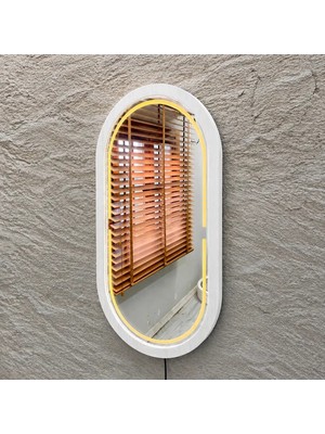Aypars Atölye 18X32 cm Kayın Ahşap Çerçeveli Led’li Oval Ayna – 3000K Dimmer Işıklı Dekoratif Banyo Aynası (Beyaz)