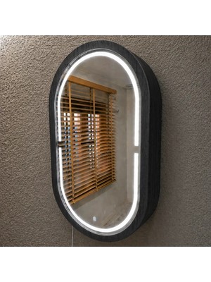 Aypars Atölye 30X53X12 cm 6500K Beyaz Işıklı LED Dimmable Banyo Aynası Dolaplı – Modern Duvar Tipi Oval Tasarım (Siyah)