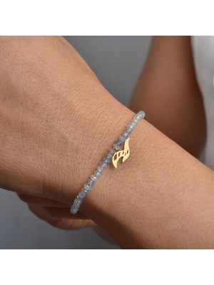 Nox Jewelry 14 Ayar Altın Kaplama Akuamarin Doğal Taş Gümüş Bileklik - Kuş Figürlü Mavi Zarif Bileklik