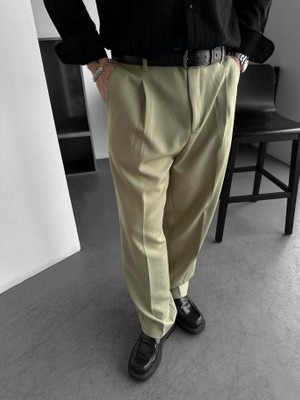 Elku Moda Erkek Relaxed Fit Pileli Kumaş Pantolon Old Money Stil Yüksek Bel Dökümlü Pantolon