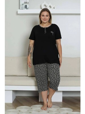 Alimer Nakışlı Kadın Pijama Takımı - Siyah Büyük Beden Bermuda Kısa Kol Likralı Bambu Viskon 2857BB