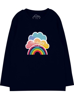 Bubuga Kız Çocuk %100 Pamuk Lacivert Renk Gökkuşağı Baskılı Uzun Kol Tshirt