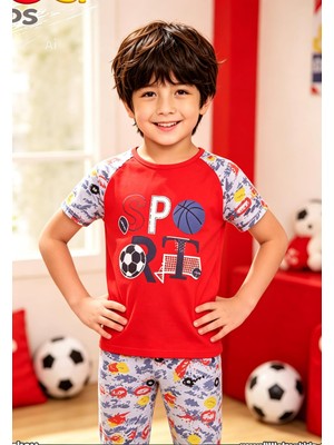 NiCe İç Giyim Futbol Temalı Kırmızı & Gri Renk Pamuk Penye Bisiklet Yaka Lastikli Paça Erkek Çocuk Pijama Takım