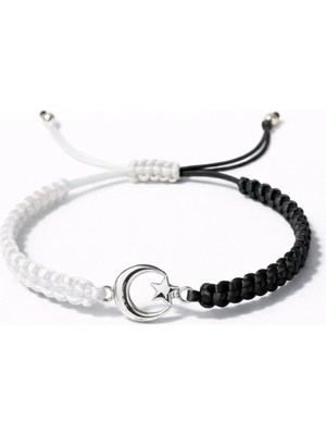 Siyah Beyaz Ay Yıldız Makrome Örgü Taraftar Unisex Bileklik 16CM-28CM