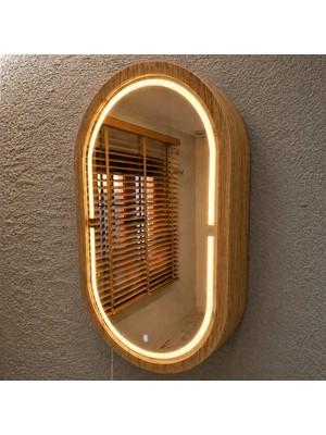 Aypars Atölye 30X53X12 cm 3000K Günışıklı LED Dimmable Banyo Aynası Dolaplı – Modern Duvar Tipi Oval Tasarım (Meşe)