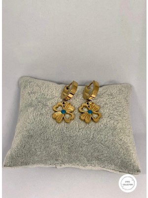 Mavi Taşlı Gold Renk Çiçek Model Çelik Küpe