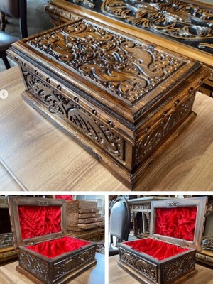 Pileli Store Ceviz Ahşap El Oyması Motifli Mücevher Sandığı Takı Kutusu Kilitli Ahşap Sandık Hediyelik