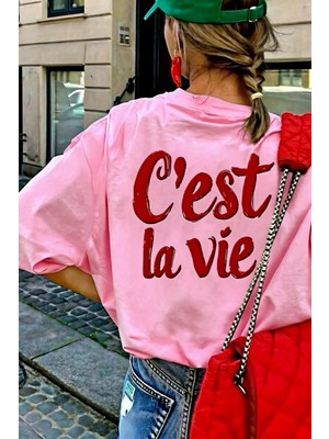 Oksit C'est La Vie Yazılı Oversize Kadın T-Shirt