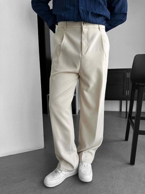 Elku Moda Erkek Relaxed Fit Pileli Kumaş Pantolon Old Money Stil Yüksek Bel Dökümlü Pantolon