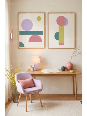 Tontilika Modern Pastel Geometrik 2’li Ahşap Çerçeveli Tablo Seti