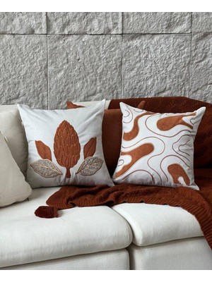 Diva Home 4lü Özel Tasarım Nakışlı 2 Sade Taba Renk 2 Taba Çam Kozalığı Serisi Kırlent Kılıfı 45X45 cm – 2 Farklı Model